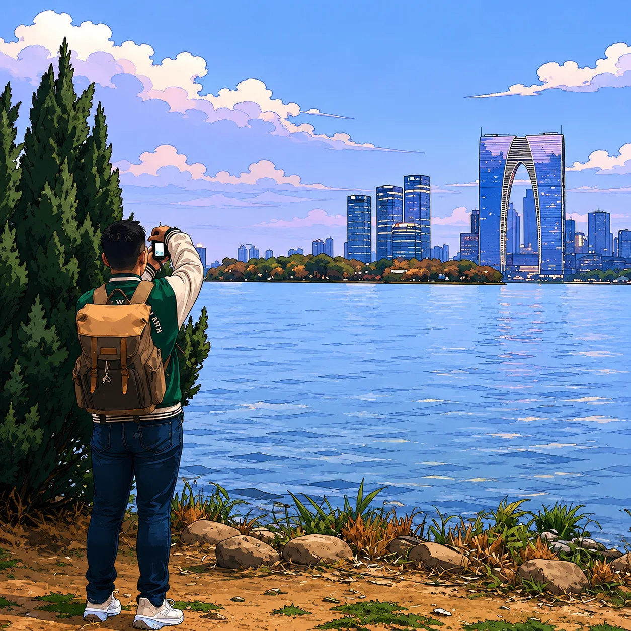 湖畔城市插画