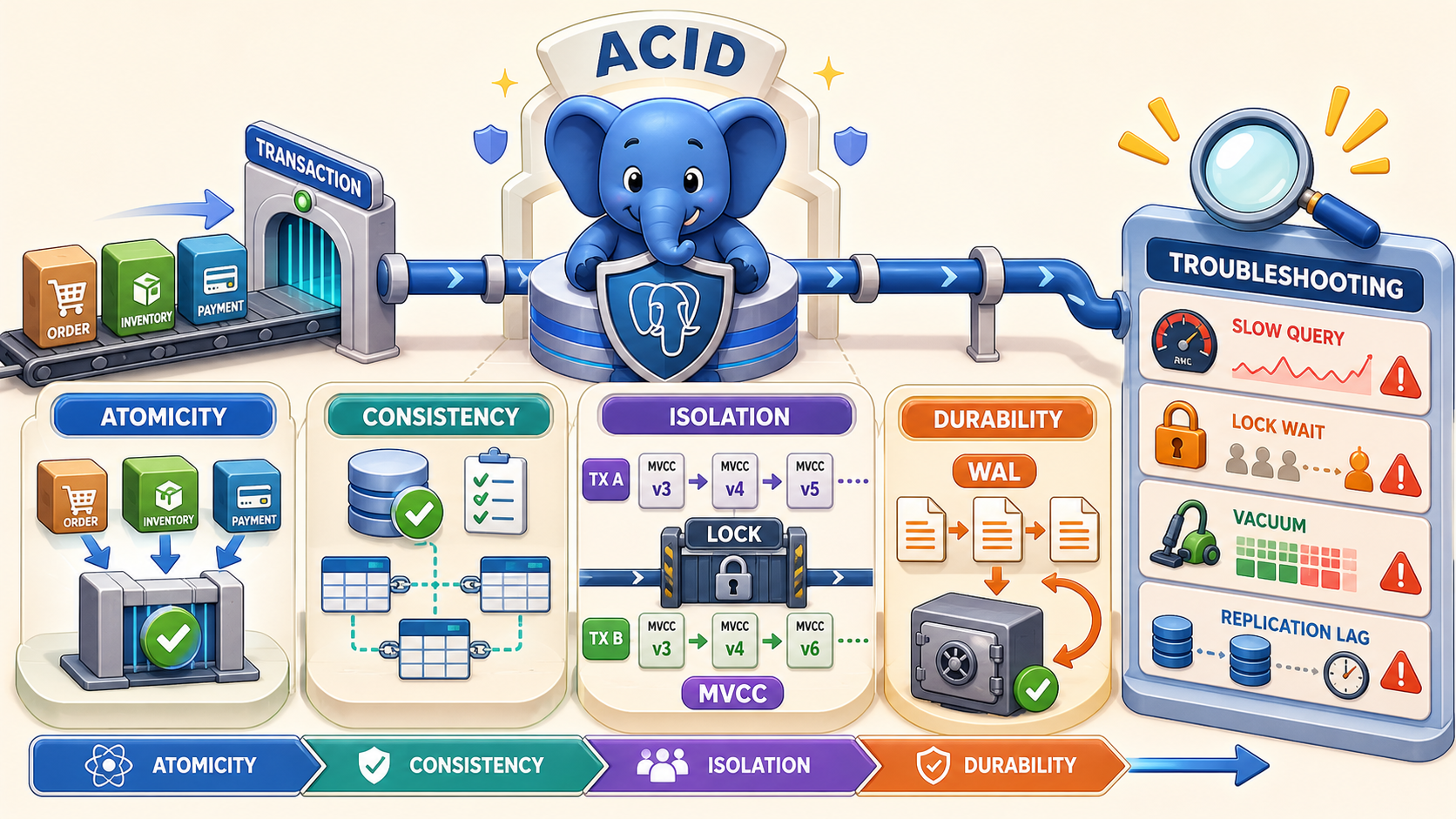 PostgreSQL 以 ACID 为主线，从事务、MVCC、锁、WAL 到 VACUUM 和生产排障的机制总览