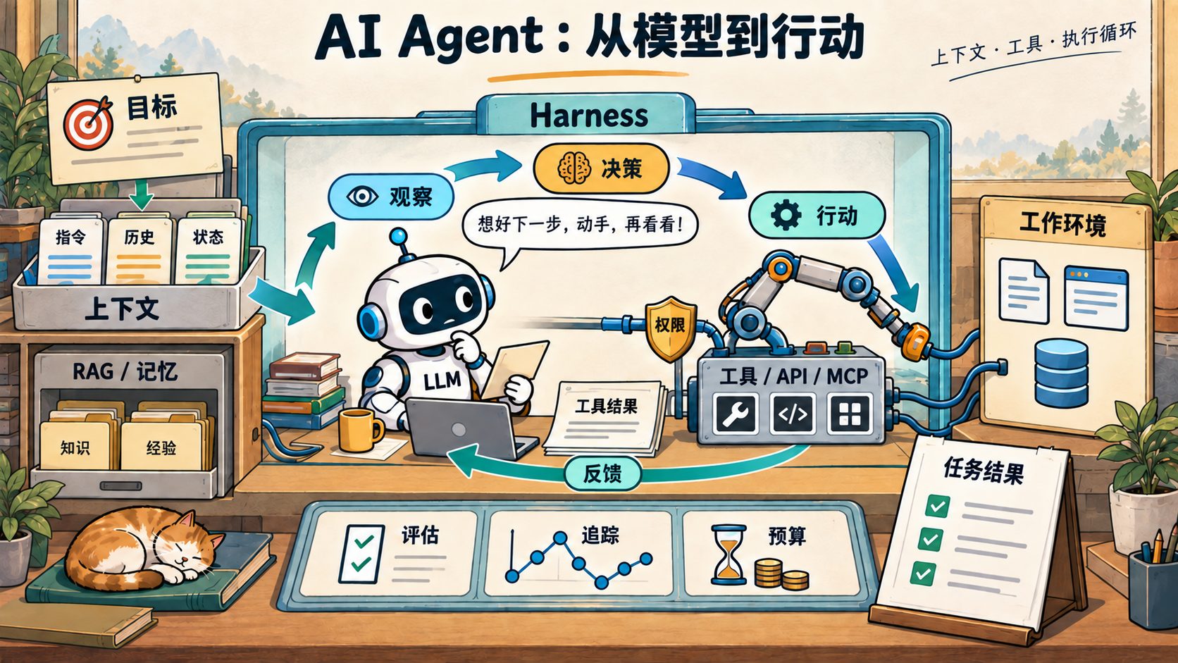 AI Agent 从模型到行动:目标与上下文驱动 LLM 在 Harness 中循环观察、决策、行动和接收反馈,通过工具连接工作环境,并由 RAG、记忆、权限、评估、追踪和预算提供支持。