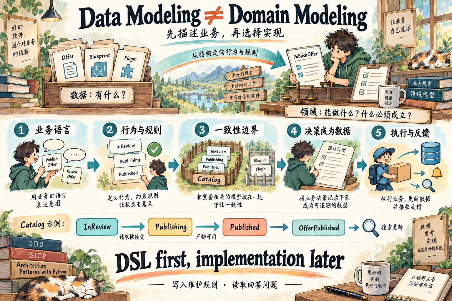 DDD 总览：Data Modeling 不等于 Domain Modeling；从业务语言、行为与规则、一致性边界，到以数据表达决策和执行反馈，并以 Catalog 的发布流程说明 DSL first。