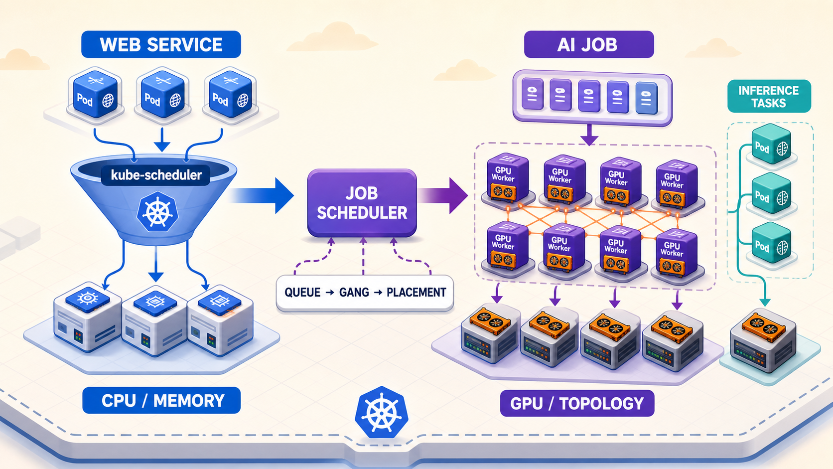 从 Web Service 的 Pod 放置到 AI Job 的队列、Gang 与 GPU 拓扑调度总览