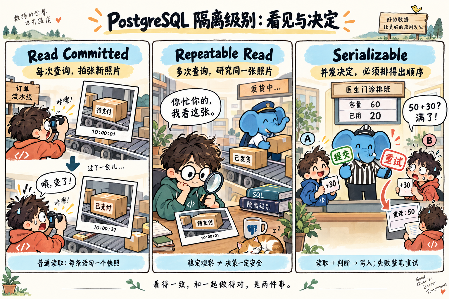 PostgreSQL 隔离级别漫画:Read Committed 每次查询拍新照片,Repeatable Read 研究同一张照片,Serializable 让并发预约的决定能够按某个串行顺序解释,冲突时整笔重试。